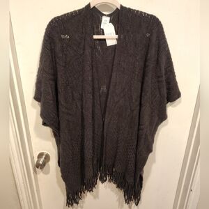 Time & Tru NWT Black Open Knit Fringe Hem Sweater Poncho One Sz Winter Casual